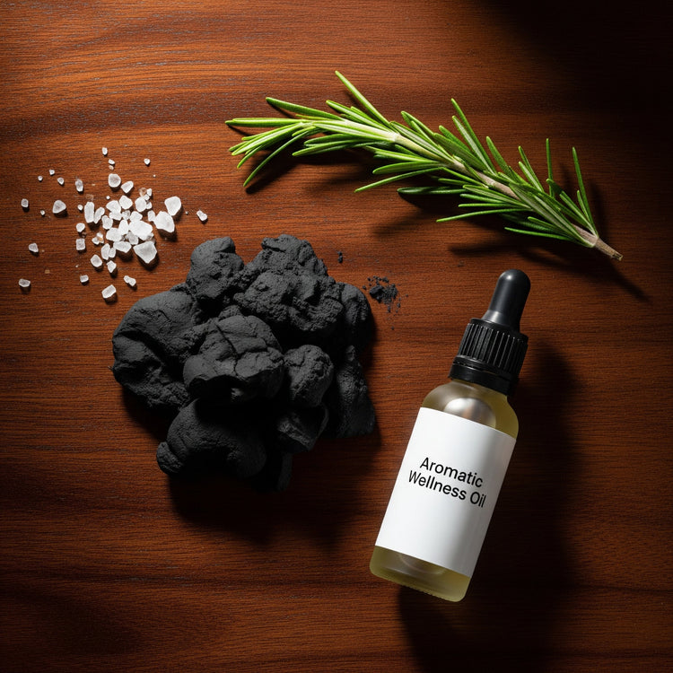 A flat-lay of therapeutic mud and an Aromatic Wellness Oil ingredients.