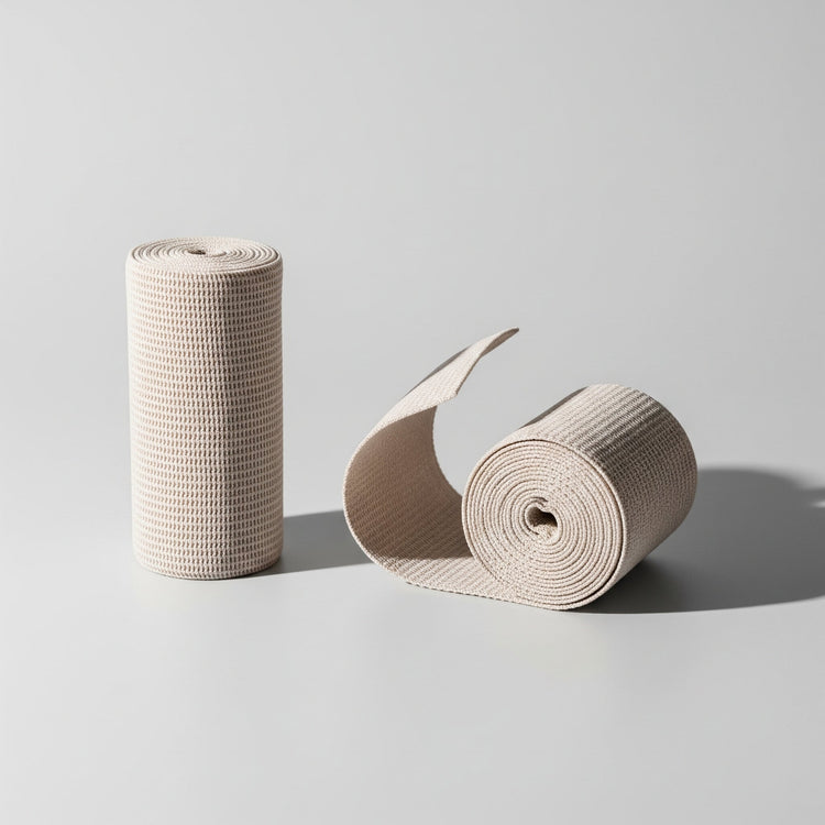 Beige elastic bandages, often used for compression or therapeutic body wraps.