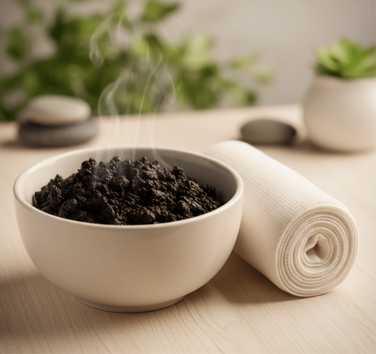 A hot mud treatment bowl and a body wrap, ready for a therapeutic session.