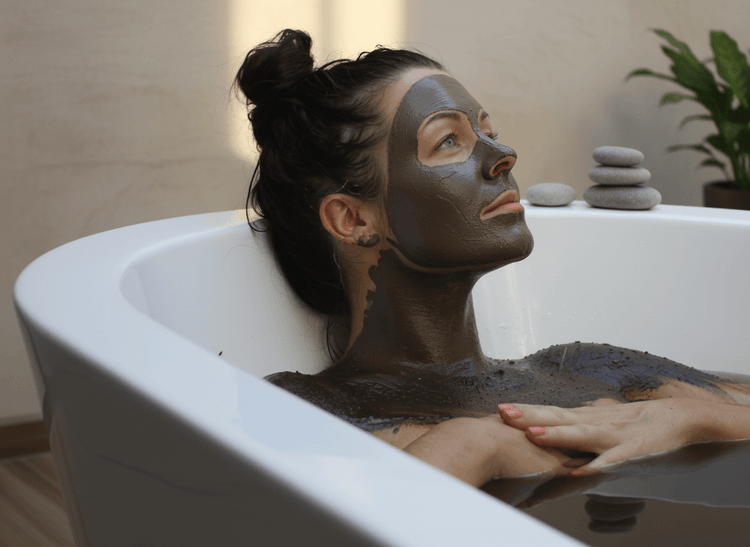 A woman in a bathtub with both a white Kaolin Clay mask on her face and a brown Moor mud body treatment.