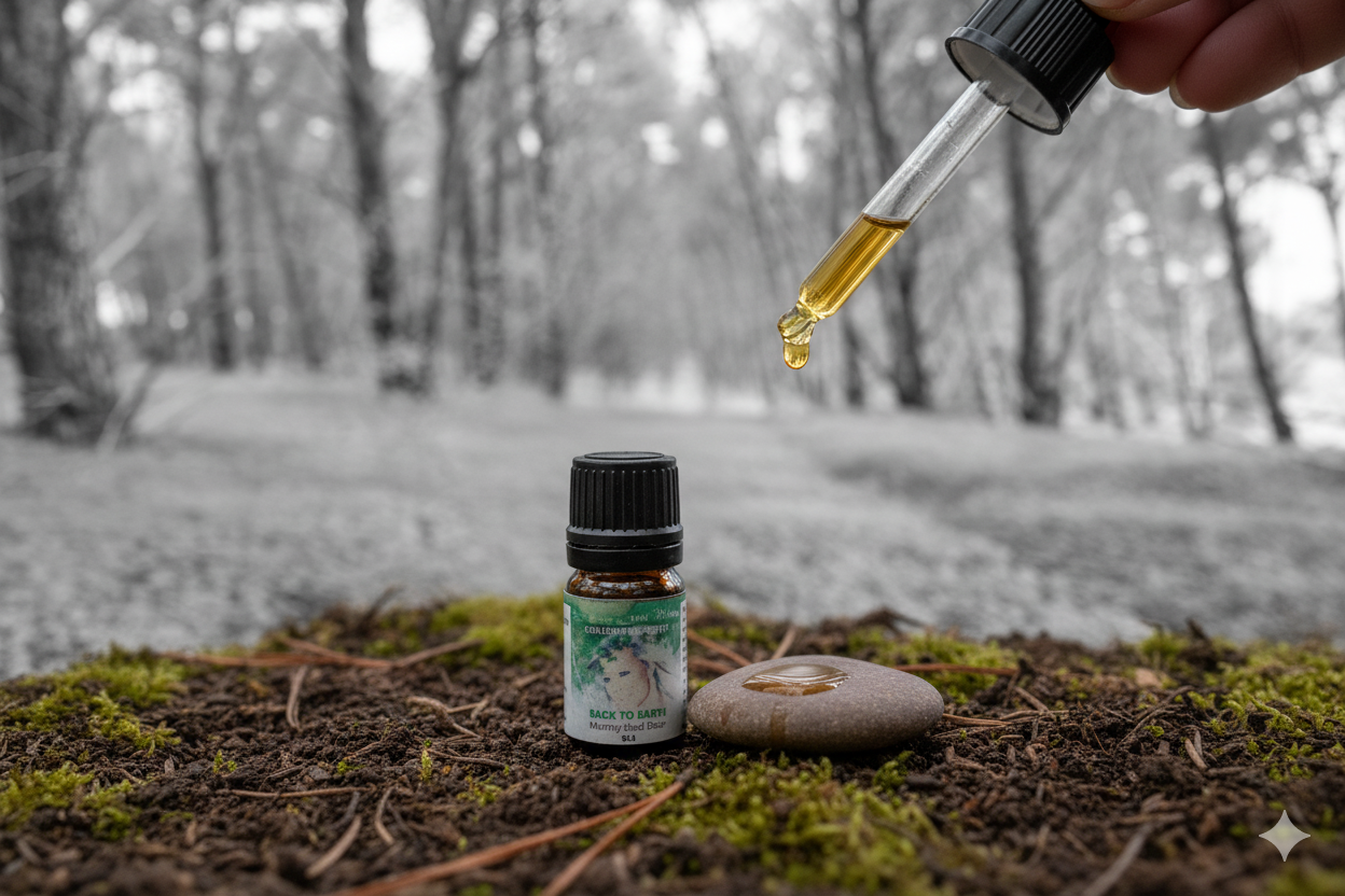 Bottle of essential oil with dropper over a stone in a forest setting