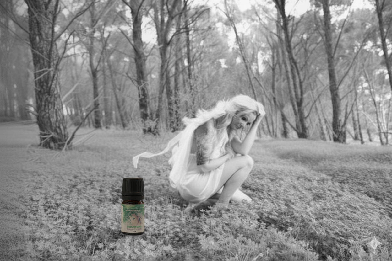 Person in a white dress sitting on grass with a bottle of essential oil in the foreground.