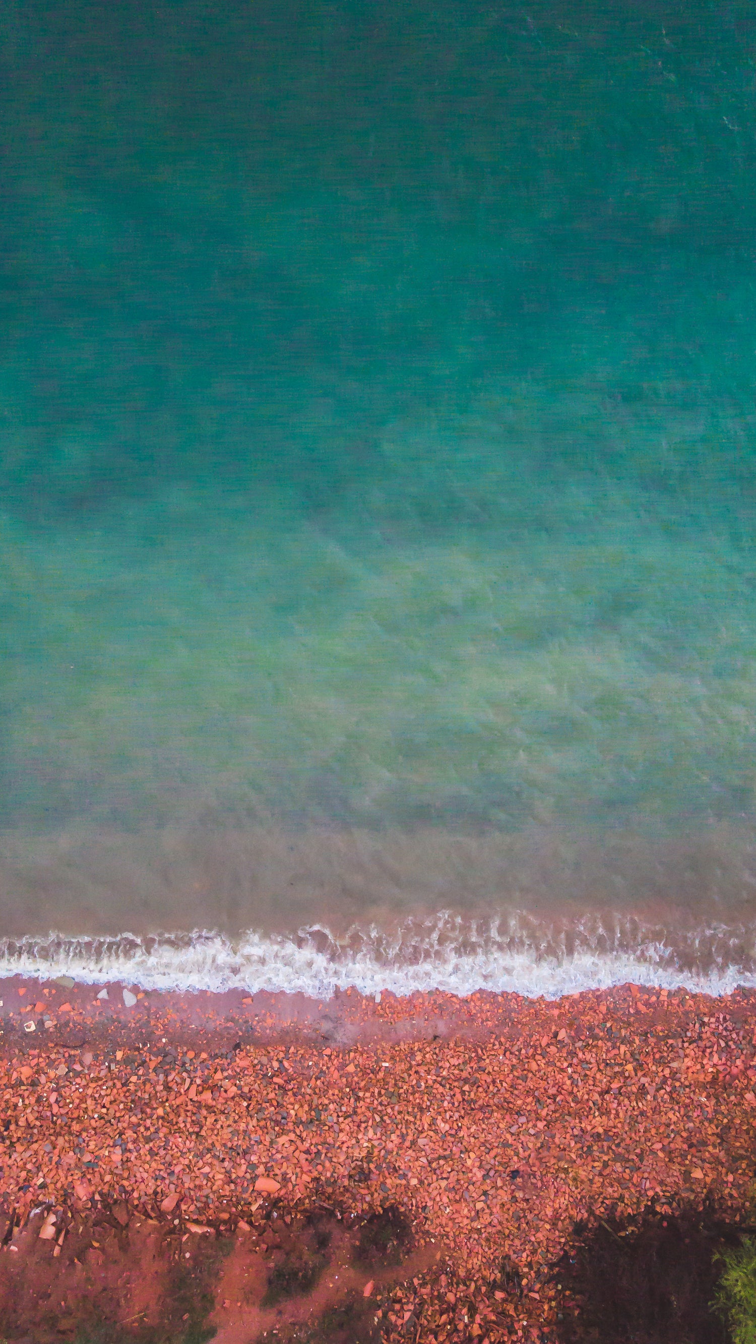 Red rocks meet vibrant blue-green ocean water on a tranquil shoreline, embodying natural beauty and serenity.