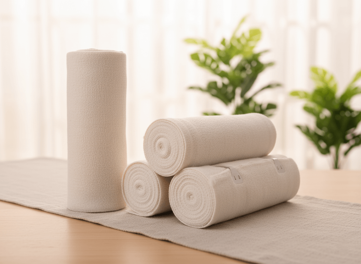 Four rolls of beige elastic body wraps on a wooden table.
