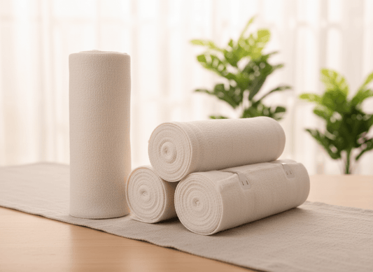 Four rolls of beige elastic body wraps on a wooden table.