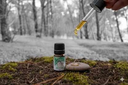 Bottle of essential oil with dropper over a stone in a forest setting