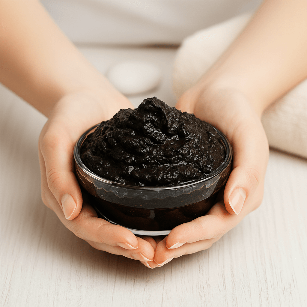 Hands gently holding a glass bowl full of dark, rich Moor Mud for a spa treatment.