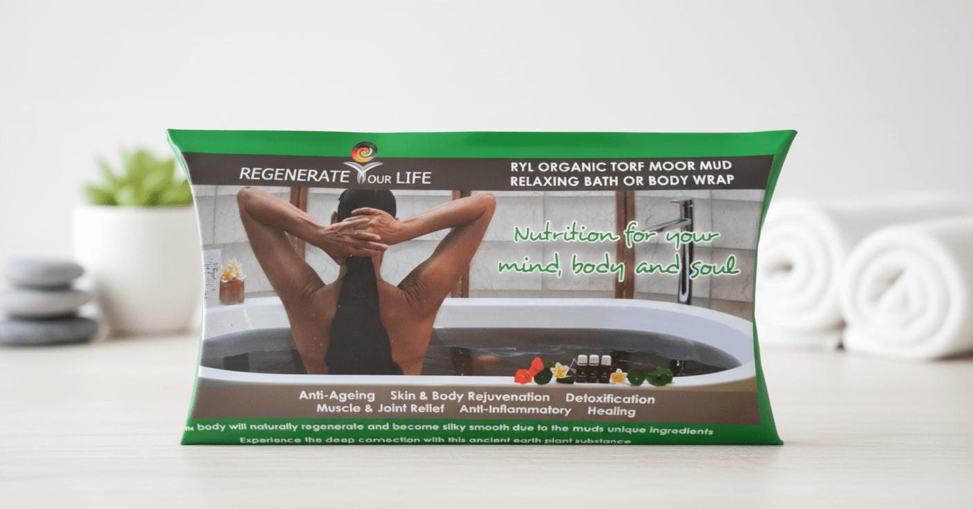 A green pillow box package for RYL Moor Mud Bath or Body Wrap, showing the benefits.