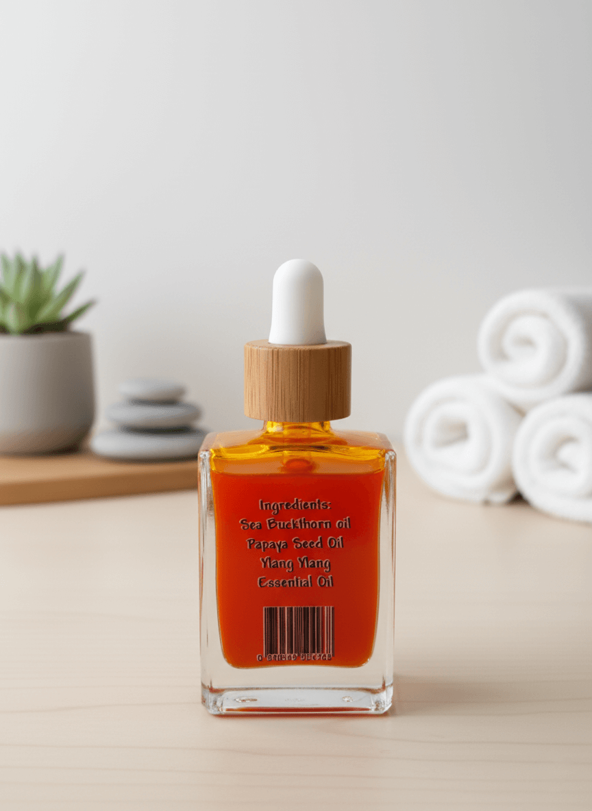 The back of a Sea Buckthorn bottle showing ingredients: Papaya Seed and Ylang Ylang Essential Oil.